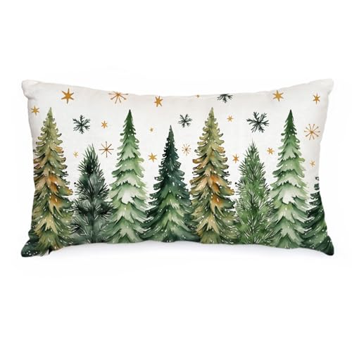 Christmas Pillow Cover 12x20 Inch - Green Trees & Stars Decor