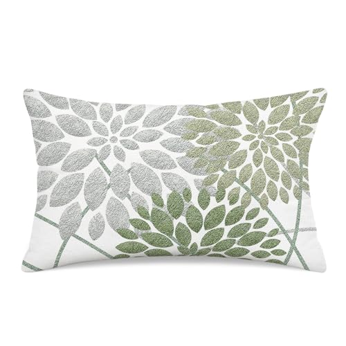 Sage Green Dahlia Boho Lumbar Pillow Cover 12x20 - Double-Sided Floral Design