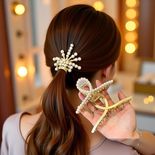 Large Metal Hair Claw Clips 2-Pack Matte Gold Pearl Hair Accessories