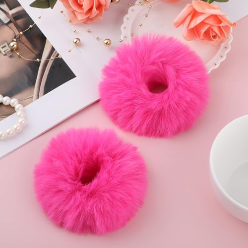 Lusofie Hot Pink Faux Fur Pompom Hair Scrunchies - 2 Pack Fluffy Hair Ties