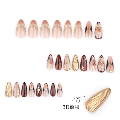 Almond French Tip Press On Nails with Floral Design & Rhinestones 24Pcs