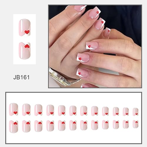 LYLYNB Valentine Heart Press on Nails French Tip Short Square Acrylic False Nails