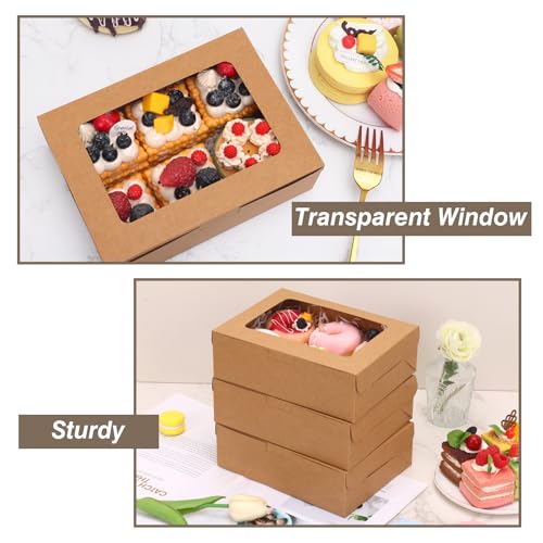 A-12PCS Bakery Cookie Boxes with Window, 8x6x2.5in Brown Packaging for Pastries