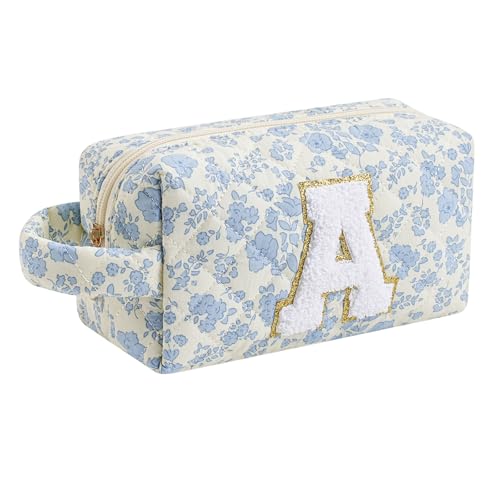 JOVAKIT Alphabet Floral Makeup Bag with Handle - Blue Floral A Toiletry Organizer