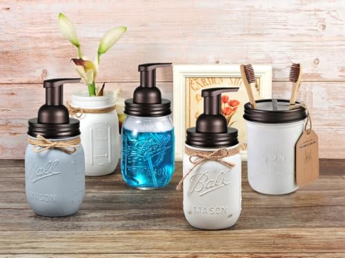 Mason Jar Bathroom Accessories Set with Soap Dispenser & Organizer - Bronze, 4 Pieces
