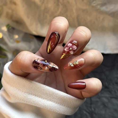 TEEKME Almond Press On Nails - Cozy Marbled Nude Pink & Caramel Floral Fake Nails
