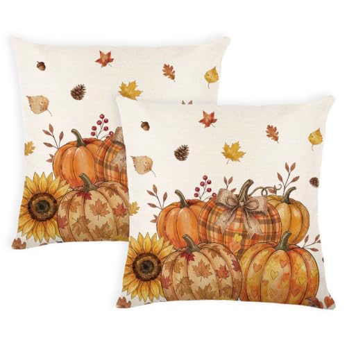 Fall Orange Floral Pumpkin Throw Pillow Covers 20x20 Inch Set of 2