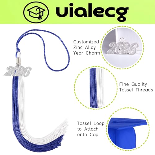 Graduation Tassel 2026 Royal Blue and White with Silver Year Charm 9 Inch