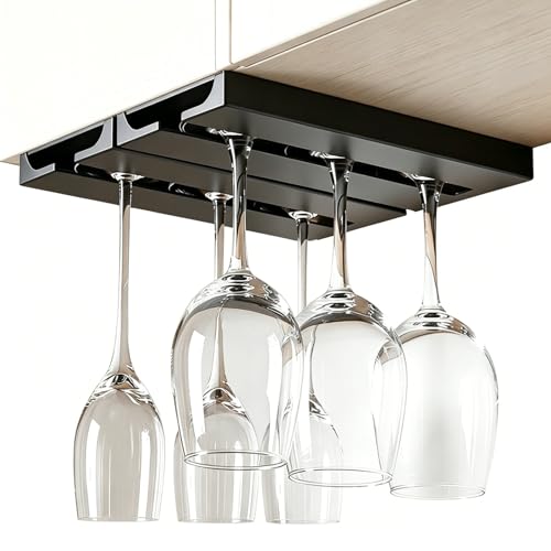 10-Inch Black Wine Glass Holder Rack - 2 Pack, Punch-Free Under Cabinet Storage