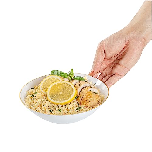 Moderna 16 Ounce Plastic Bowls, 100 Durable Disposable Salad Bowls - Gold-rimmed, Heavy-duty, White Plastic Fancy Bowls, For Warm And Cold Foods, Ideal For Restaurants - Restaurantware
