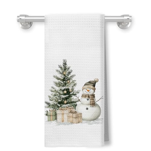 Snowman Christmas Kitchen Towels - Rustic Snowy Tree Hand Towels, Holiday Dish Cloths, 16x24 Inch - Color-01