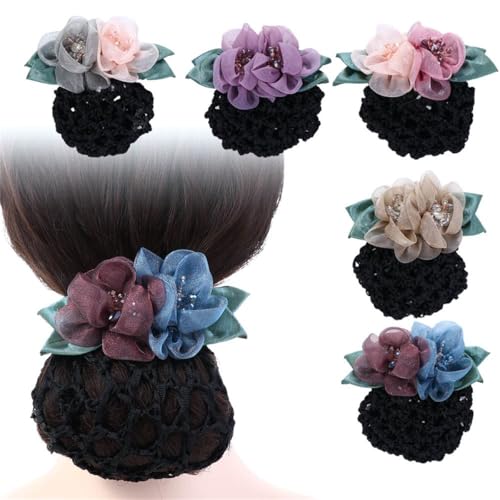 Floral Hair Bun Net with Organza Flowers & Black Crochet Mesh