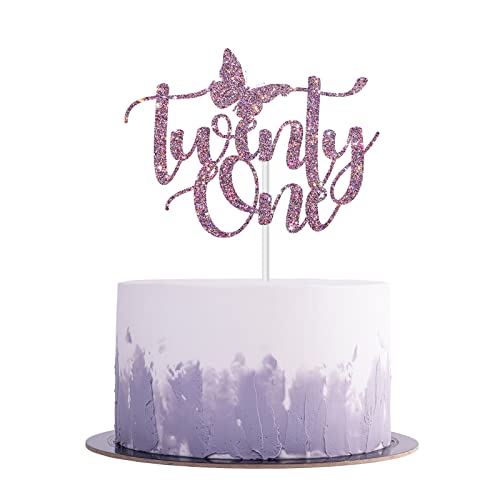 Purple Glitter 21st Birthday Cake Topper with Butterfly