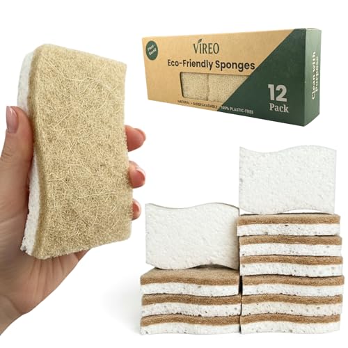 VIREO Eco-Friendly Biodegradable Sponges - 12 Pack Odor-Free Kitchen Scrubbers