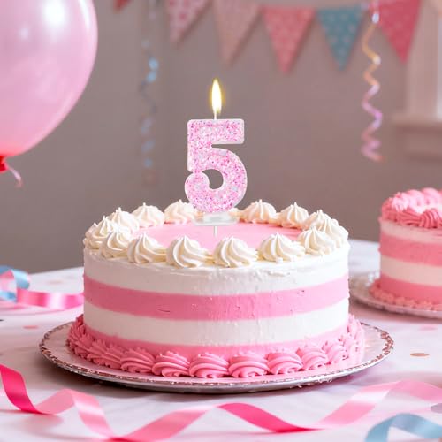 Pink Number 5 Birthday Candle Shimmering Cake Topper Decoration