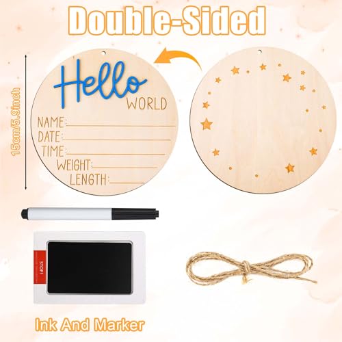 Wooden Baby Announcement Sign Set with Ink Pad - 5.9in Birth Plaque