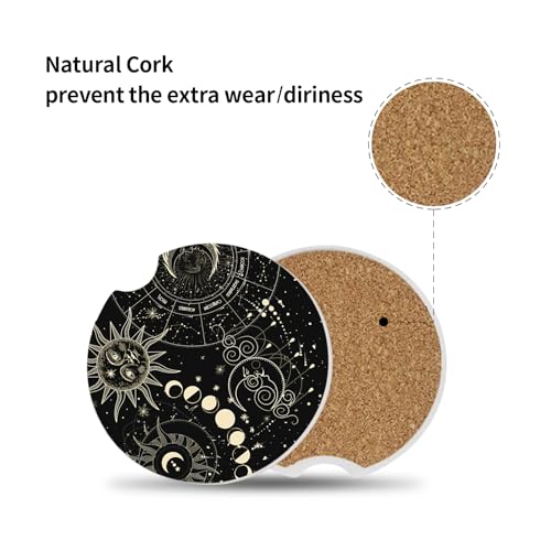 Moon and Sun Car Coasters - 2 Pack Ceramic & Cork Drink Coasters