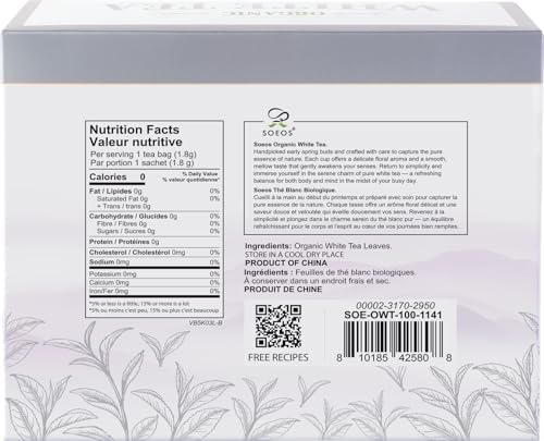 Soeos Organic White Tea, 100 Tea Bags, Individually Wrapped Teabags, Low Caffeine, Subtle Floral Aroma & Smooth Taste, Quality Tea for Everyday Brewing, Perfect for Hot or Iced Tea Lovers, 6.3oz (180g)