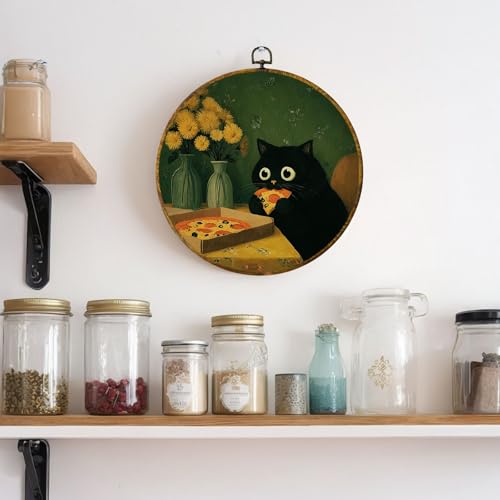 Pizza Cat Wall Art – Black Cat Canvas Print, 10x10 Framed Decor