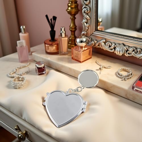 Silver Metal Heart Compact Pocket Mirror with Keychain Travel Makeup Mirror