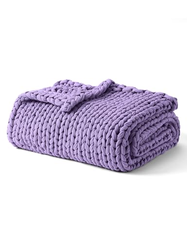 YnM 40x50 Inch 7lb Cooling Weighted Blanket - 100% Cotton Handmade Chunky Knit, Purple