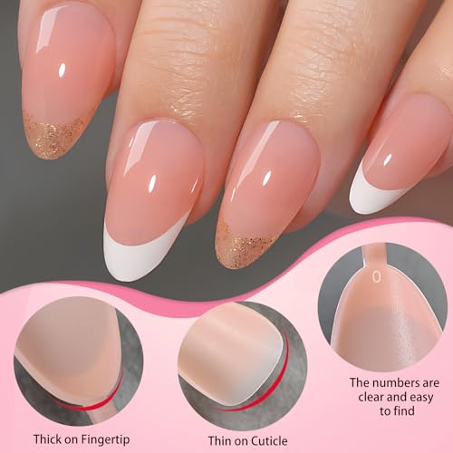 French Tip Short Almond Press on Nails with Glitter, 150 Pcs Nude Fake Nails