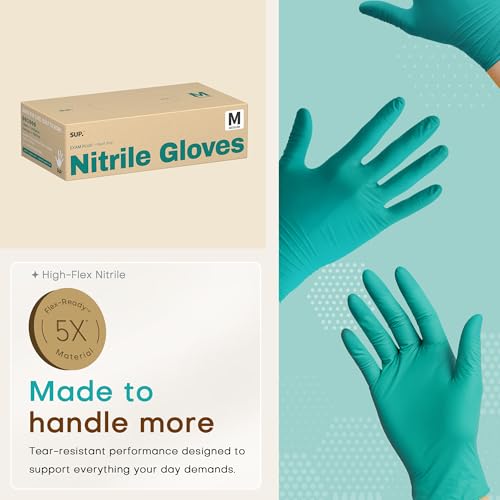 SUP Nitrile Exam Gloves - Powder-Free Disposable Gloves, Medium, Reef Teal
