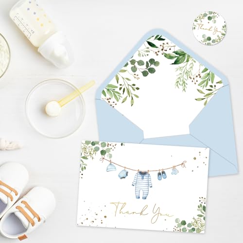 Whaline Blue Baby Shower Thank You Cards - 24 Pack with Envelopes & Stickers