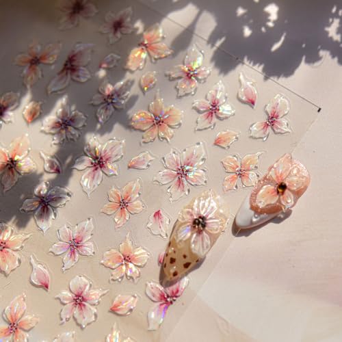 5D Pink Flower Nail Stickers Embossed Floral Nail Art Decals DIY Manicure