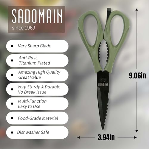 Extra Sharp Kitchen Scissors - Deep Green Stainless Steel Shears with Knife Sharpener & Sheath