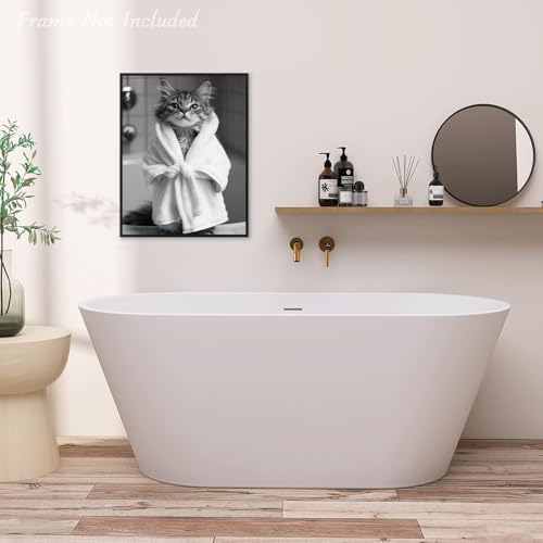 Funny Cat Bathroom Wall Art - Cute Cat in Bathrobe Poster 12x16