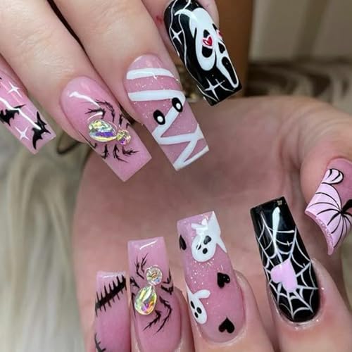 VGNRAR Halloween Long Square Pink Press On Nails with 3D Spider Rhinestones