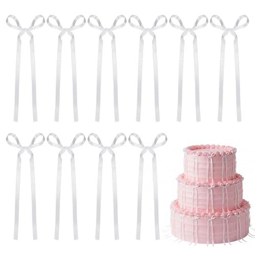 20 PCS White Bow Cupcake Toppers - Elegant Satin Ribbon Bows