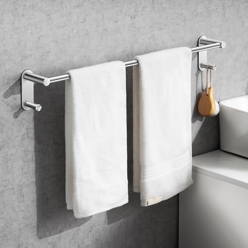 24 Inch Brushed Nickel Towel Bar, No-Drill Adhesive Rack with 2 Hooks