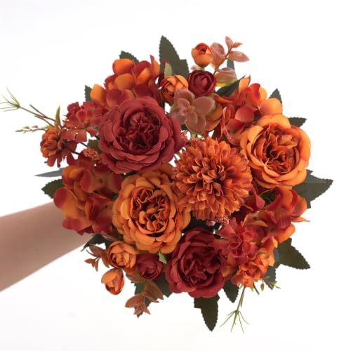2 Pcs Artificial Fall Peony & Hydrangea Bouquet - Orange Red Silk Flowers