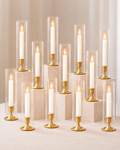 Set of 12 Gold Hurricane Candle Holders Windproof Glass Chimneys Table Centerpiece