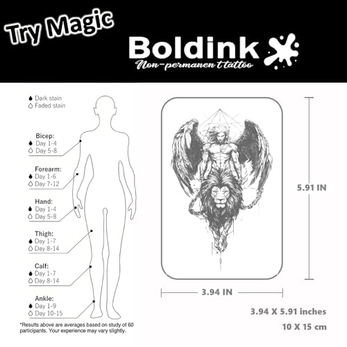 Boldink Semi-Permanent Angel and Lion Temporary Tattoos Waterproof Realistic