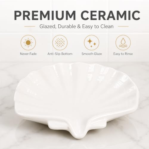 Self-Draining Ceramic Soap Dish - Seashell Design for Bathroom