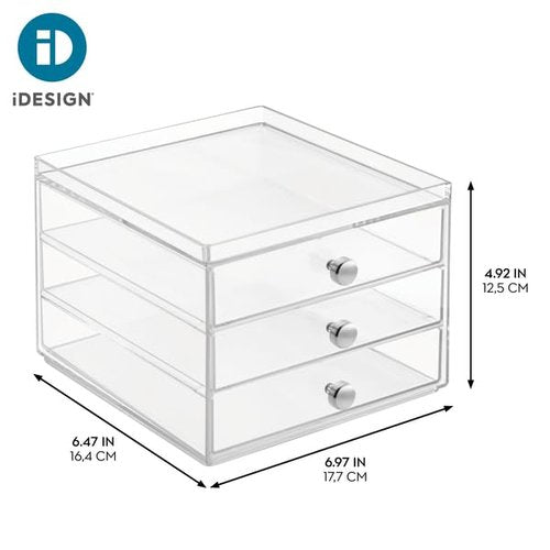 iDesign 3-Drawer Stackable Makeup Organizer - Small Clear Plastic Storage Drawers for Bathroom, Vanity, or Desk