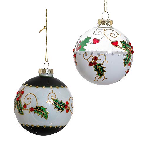 Holly Leaves and Berries Glass Ornament Set - 80mm Holiday Decorations