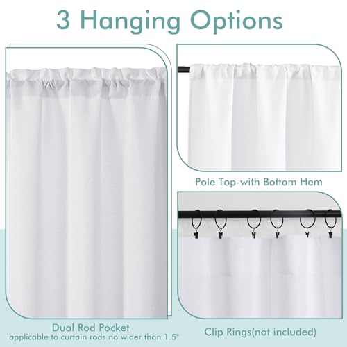 LIVEKID White Faux Linen Short Kitchen Curtains 30"W x 24"L - 2 Panels