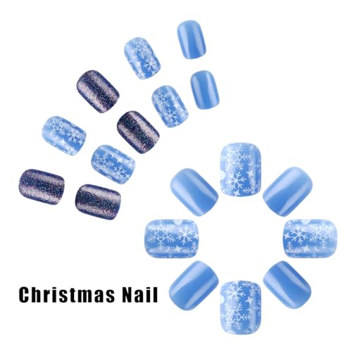 Christmas Press on Nails Short Round Blue Glitter Glossy Fake Nails Winter Snowflake Xmas Acrylic Nail Set