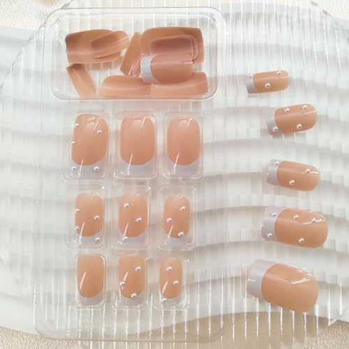 White French Tip Press On Nails Medium Square Glossy False Nails with Pearl Designs