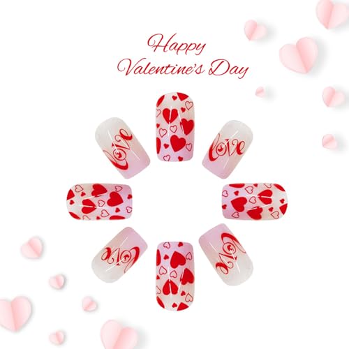 Red Love Heart Press on Nails Pink Ombre Square Fake Nails 24Pcs