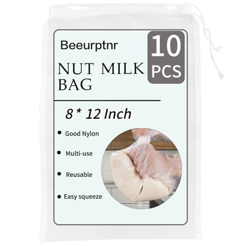 Nut Milk Bag Set - 10 Reusable 12x8 Inch Strainer Bags for Juice, Yogurt & Cheese