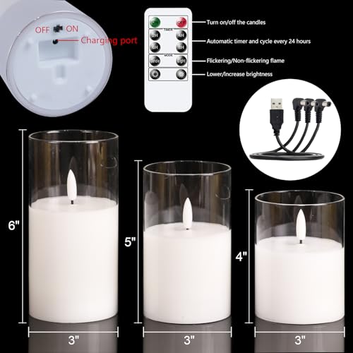 Rechargeable Glass LED Flameless Candle Set - Clear 3-Candle with Remote & Timer