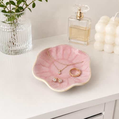 Pink Lotus Leaf Ceramic Jewelry Tray - Small Trinket Dish for Rings