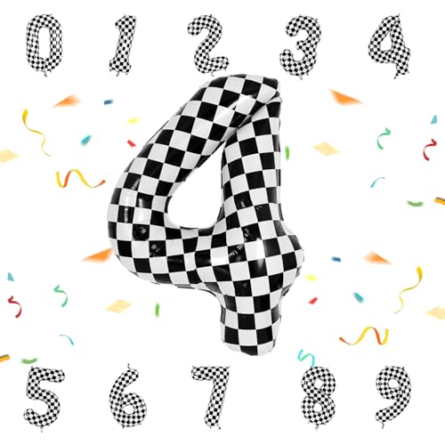 40 Inch Checkered Number 4 Balloon - Black & White Helium Decor