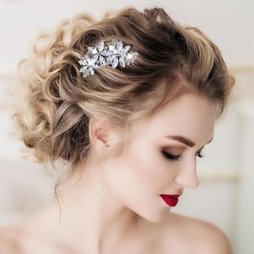 Ahltoiex 2 Pcs Rhinestone Silver Flower Hair Clips for Bridal Wedding