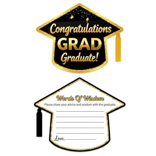 2026 Graduation Advice Cards - 50 Black & Gold Cap-Shaped Keepsakes